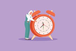 Flat cartoon style drawing Arab businesswoman, manager or employee stand and hugging big clock. Time management concept, watch, time to work. Love on time project. Graphic design vector illustration