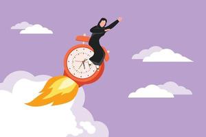 Character flat drawing Arabian businesswoman riding alarm clock rocket ship with fire, clouds. Time, watch, limited offer, deadline. Time to work. Countdown shuttle. Cartoon design vector illustration