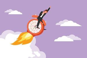 Graphic flat design drawing of businesswoman riding alarm clock rocket ship with fire, clouds. Time to work, watch, limited offer, deadline symbol. Countdown shuttle. Cartoon style vector illustration