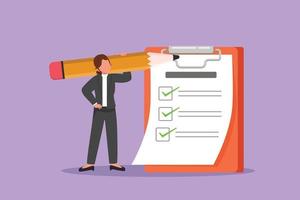 Graphic flat design drawing positive businesswoman with giant pencil on her shoulder nearby marked checklist on clipboard paper. Successful completion business tasks. Cartoon style vector illustration