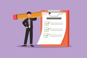 Cartoon flat style drawing positive businessman with huge pencil on his shoulder nearby marked checklist on clipboard paper. Successful completion of business tasks. Graphic design vector illustration