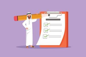 Character flat drawing smart Arab businessman with giant pencil on his shoulder nearby marked checklist on clipboard paper. Successful completion of business tasks. Cartoon design vector illustration