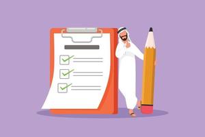 Cartoon flat style drawing Arabian businessman holding huge pencil and leaning at completed checklist on clipboard. Planning and time management. Business metaphor. Graphic design vector illustration
