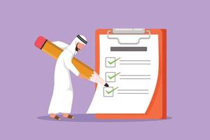 Cartoon flat style drawing active Arabian businessman mark checklist with pen. Person completion business task. Goal achievement planning schedule concept. Graphic design character vector illustration