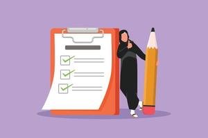 Graphic flat design drawing Arab businesswoman holding huge pencil and leaning at completed checklist on clipboard. Planning and time management. Business metaphor. Cartoon style vector illustration