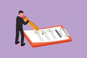 Cartoon flat style drawing businessman filled out questionnaire on the floor. Guy with pencil writes test. Man standing near big checklist. Male writes on clipboard. Graphic design vector illustration