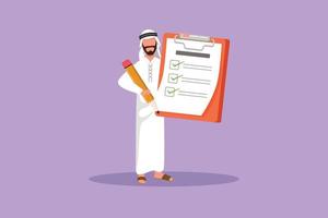 Character flat drawing Arab businessman standing and holding clipboard with checklist. Business success completed plan. Goal achievements planning schedule concept. Cartoon design vector illustration