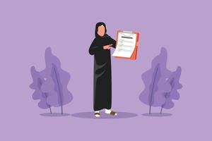 Graphic flat design drawing Arab businesswoman standing and pointing to checklist clipboard. Office worker completed task, survey, questionnaire of business project. Cartoon style vector illustration