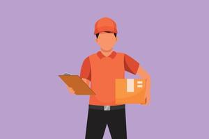 Cartoon flat style drawing happy delivery man wearing cap and uniform standing with parcel post box, holding clipboard. Delivery employee services. Shipping concept. Graphic design vector illustration