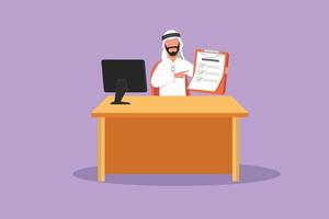 Character flat drawing smiling banking clerk showing bank credit, loan contract or mortgage agreement sitting at desk with laptop computer. Arab businessman lender. Cartoon design vector illustration