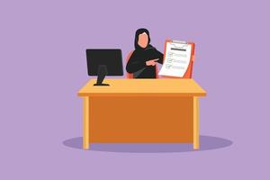 Graphic flat design drawing beauty banking clerk showing bank credit, loan contract or mortgage agreement sitting at desk with computer. Arabian businesswoman lender. Cartoon style vector illustration