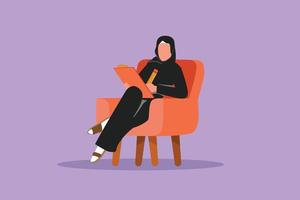 dibujo de estilo plano de dibujos animados mujer de negocios árabe escribiendo en el portapapeles. bonita ejecutiva sentada en un sillón. mujer de éxito tomando notas. consulta de psicología. ilustración vectorial de diseño gráfico vector
