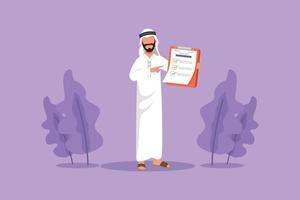 Cartoon flat style drawing Arab businessman standing and pointing to checklist clipboard. Office employee completed task, survey, questionnaire of business project. Graphic design vector illustration