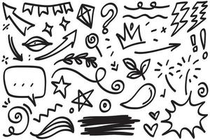 elementos de conjunto dibujados a mano, flechas abstractas, cintas, corazones, estrellas, coronas y otros elementos en un estilo dibujado a mano para diseños conceptuales. ilustración de garabatos. ilustración vectorial vector