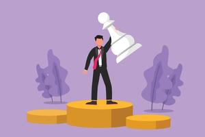 Character flat drawing motivation businessman holding, lifting pawn chess piece. Successful entrepreneurship tactic or strategy, superiority in business competition. Cartoon design vector illustration