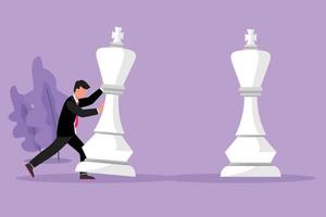 Graphic flat design drawing businessman pushes big king chess pieces to beat opponent king. Business strategy and marketing plan. Strategic move in business concept. Cartoon style vector illustration