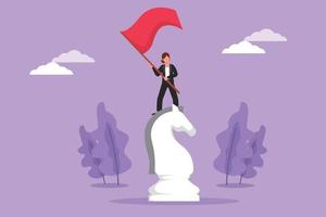 Character flat drawing happy businesswoman standing on top of big horse knight chess and waving flag. Business achievement goal, winning battle competition. Cartoon graphic design vector illustration