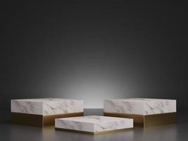 3d rendering mockup of white marble and gold pedestal steps on dark background. photo