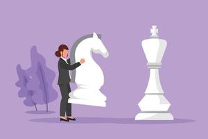 Graphic flat design drawing businesswoman holding knight chess piece to beat king chess. Strategic planning, business development strategy, tactics entrepreneurship. Cartoon style vector illustration