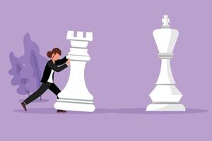 Cartoon flat style drawing competitive businesswoman push huge rook chess piece to beat king. Business strategy, marketing plan. Strategic move in business concept. Graphic design vector illustration