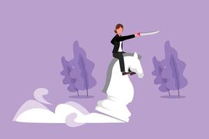 Graphic flat design drawing of competitive businesswoman riding chess horse knight with sword. Idea, business strategy, winning competition, achievement goal concept. Cartoon style vector illustration