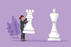 Character flat drawing of businesswoman holding rook chess piece to beat king chess. Strategic planning, business development strategy, tactics in entrepreneurship. Cartoon design vector illustration