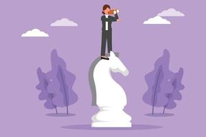 Character flat drawing visionary businesswoman on top of big horse chess piece using telescope looking for success idea, goals opportunities, future business trends. Cartoon design vector illustration