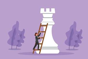 Character flat drawing brave businesswoman climb huge rook chess piece with ladder. Business strategy and marketing plan. Strategic move in business goals concept. Cartoon design vector illustration