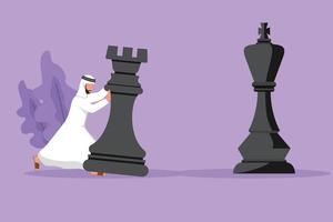 Graphic flat design drawing competitive Arabian businessman push huge rook chess piece to beat king. Business strategy and marketing plan. Strategic move in business. Cartoon style vector illustration