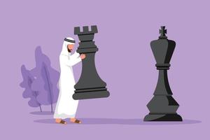 Graphic flat design drawing Arabian businessman holding rook chess piece to beat king chess. Strategic planning, business development strategy, tactics in entrepreneurship. Cartoon vector illustration