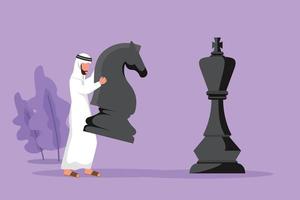 Cartoon flat drawing Arab businessman holding knight chess piece to beat king chess. Strategic planning, business development strategy, tactics in entrepreneurship. Graphic design vector illustration