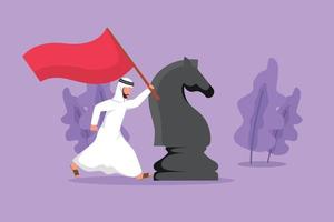 Character flat drawing happy Arab businessman running and holding flag beside big horse knight chess. Business achievement goal, win competition. Metaphor concept. Cartoon design vector illustration
