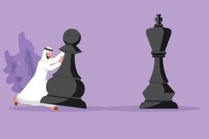 Character flat drawing young competitive Arabian businessman push huge pawn chess piece. Business strategy, goals target, marketing plan. Strategic move in business. Cartoon design vector illustration