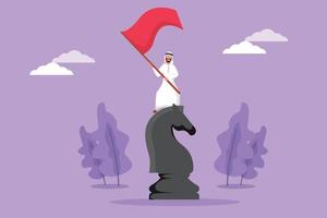Cartoon flat style drawing happy Arab businessman standing on top of big horse knight chess and waving a flag. Business achievement goal, winning competition target. Graphic design vector illustration