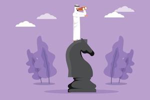 Graphic flat design drawing innovative Arabian businessman on top of big horse chess piece using telescope looking for success, goals opportunities, business trends. Cartoon style vector illustration