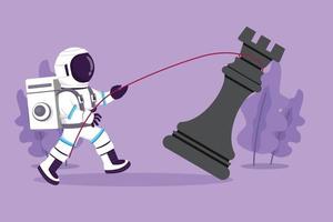 Cartoon flat style drawing young astronaut pulling big rook chess with rope in moon surface. Tactic and strategy to winning competition. Cosmic galaxy space concept. Graphic design vector illustration