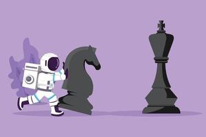 Graphic flat design drawing young astronaut push huge knight horse chess piece to defeat king in moon surface. Strategic move in win gameplay. Cosmonaut outer space. Cartoon style vector illustration
