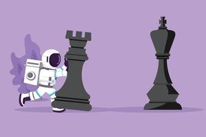 Character flat drawing young astronaut push huge rook chess piece to beat king in moon surface. Strategic movement in winning gameplay. Cosmonaut deep space concept. Cartoon design vector illustration