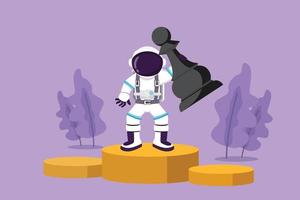 Graphic flat design drawing young astronaut holding and lifting pawn chess piece at first champion stage in moon surface. Winning game. Cosmonaut outer space concept. Cartoon style vector illustration