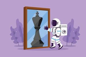 Character flat drawing young astronaut standing in front of mirror reflecting chess king in moon surface. Metaphor of confidence. Cosmonaut deep space concept. Cartoon style design vector illustration