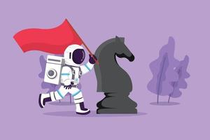 Cartoon flat style drawing young astronaut running and holding flag beside big horse knight chess in moon surface. Winning competition. Cosmic galaxy space concept. Graphic design vector illustration