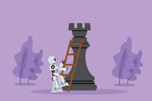 Cartoon flat style drawing robot climb huge rook chess piece with ladder. Strategic or smart move competition. Robotic artificial intelligence. Technology industry. Graphic design vector illustration