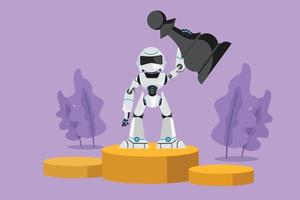 Graphic flat design drawing robot holding and lifting pawn chess piece at first champion stage. Winning game. Future technology development. Artificial intelligence. Cartoon style vector illustration