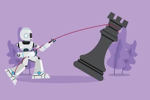 Character flat drawing robot pulling big rook chess with rope. Tactic and strategy to winning competition. Humanoid robot cybernetic organism. Robotic development. Cartoon design vector illustration