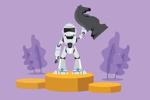 Graphic flat design drawing of robot holding and lifting knight horse chess piece at first champions stage. Future technology development. Machine learning processes. Cartoon style vector illustration