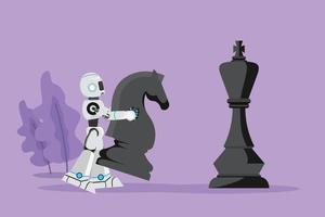Cartoon flat style drawing robot holding knight chess piece to beat king chess. Strategic goal game planning. Robotic artificial intelligence. Technology industry. Graphic design vector illustration