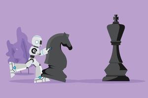 Character flat drawing robot push huge knight horse chess piece to defeat king. Strategic move in win gameplay. Robot cybernetic organism. Future robot development. Cartoon design vector illustration