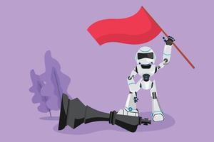 Graphic flat design drawing robot steps on big chess king piece while waving the victory flag. Winning game. Future technology development. Machine learning process. Cartoon style vector illustration