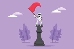 Cartoon flat style drawing of robot standing on top of big rook chess and waving a flag. Successful leadership. Robotic artificial intelligence. Technology industry. Graphic design vector illustration