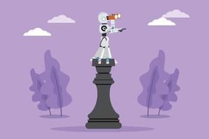 Character flat drawing robot standing on top big rook chess piece using telescope looking for opportunities. Humanoid robot cybernetic organism. Robotic development. Cartoon design vector illustration